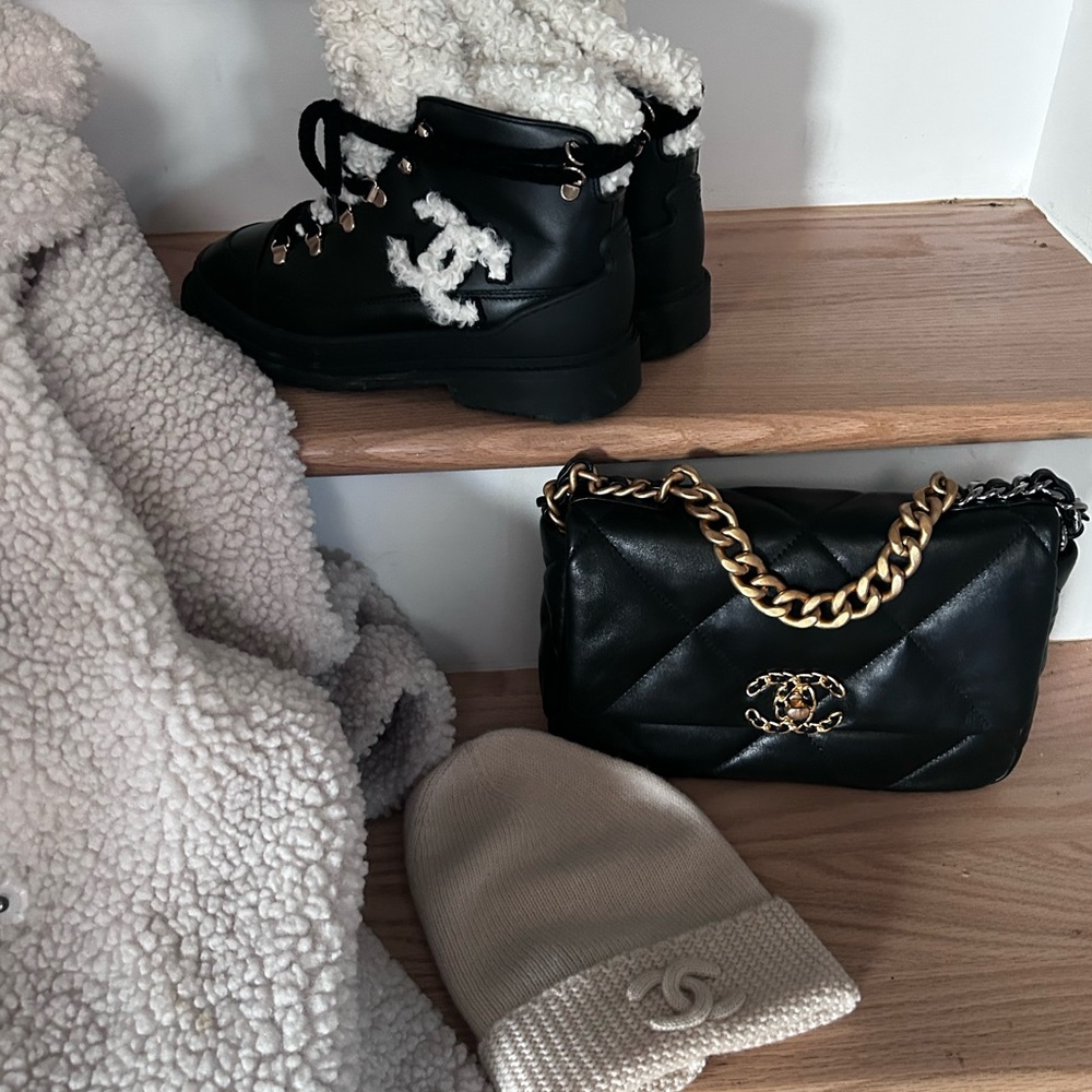 CHANEL Black and Cream Boots, Bag, and Beanie Set